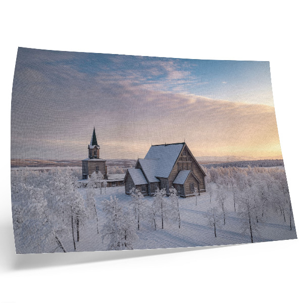 Poster kunstdruck Eine friedliche Winterlandschaft mit einer Holzkirche