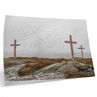 Poster kunstdruck Drei Holzkreuze, nebliger Hügel, Natur