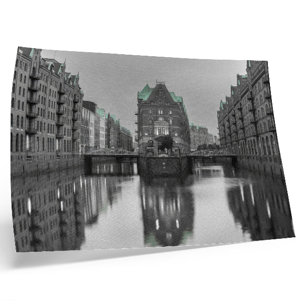 Poster kunstdruck Kanal mit Industriegebäuden, Spiegelungen im Wasser