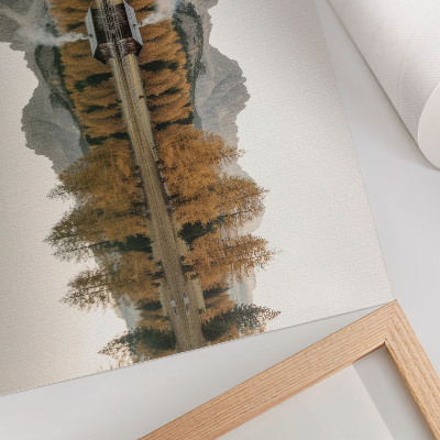 Poster Berge, Spiegelung, Hütte, goldene Bäume, ruhiger See
