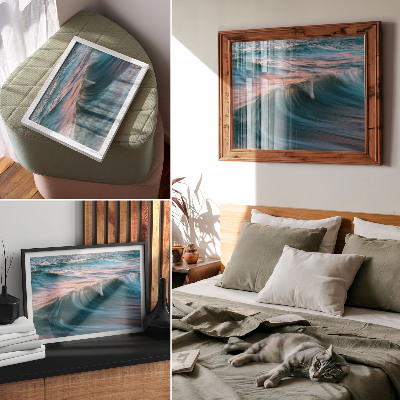 Kunstdruck poster Dynamische Wellen in Türkis und Blau – Sonnenuntergang