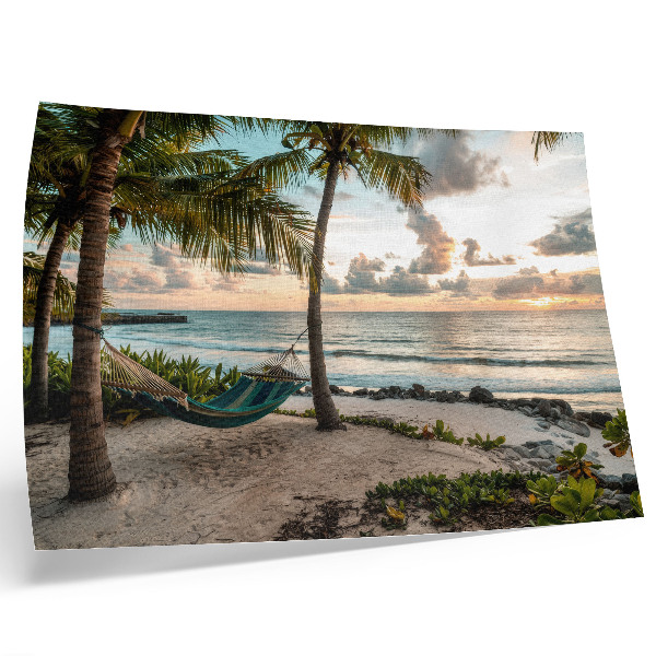 Kunstdruck poster Tropischer Strand, Palmen, Hängematten, Oase der Entspannung