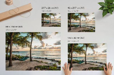 Kunstdruck poster Tropischer Strand, Palmen, Hängematten, Oase der Entspannung