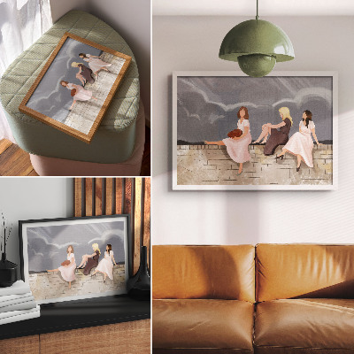 Kunstdruck poster Drei Frauen an der Mauer, bunte Kleider, weiter Himmel