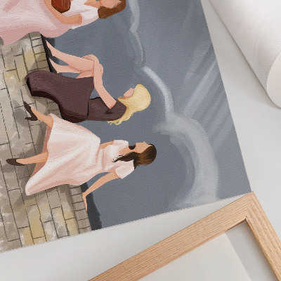 Kunstdruck poster Drei Frauen an der Mauer, bunte Kleider, weiter Himmel