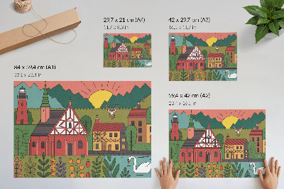 Poster Bunte Häuser, Berge, Hirsche, Schwäne, grüne Landschaft