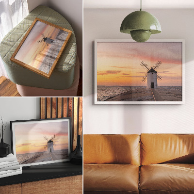 Poster kunstdruck Windmühle im Abendlicht, Meer, pastellfarbener Himmel