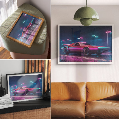 Poster kunstdruck Retro-Auto in einer neonbeleuchteten Stadtkulisse
