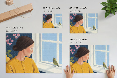 Poster kunstdruck Frau in gelbem Hemd mit einem Vogel auf dem Fensterbrett