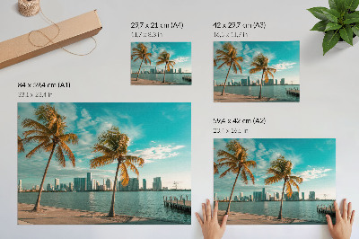 Kunstdruck poster Palmen, See, Wolkenkratzer, türkisfarbener Himmel, Ruhe
