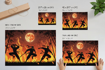 Kunstdruck poster Dynamische Nachtszene mit Ninjas und Flammen