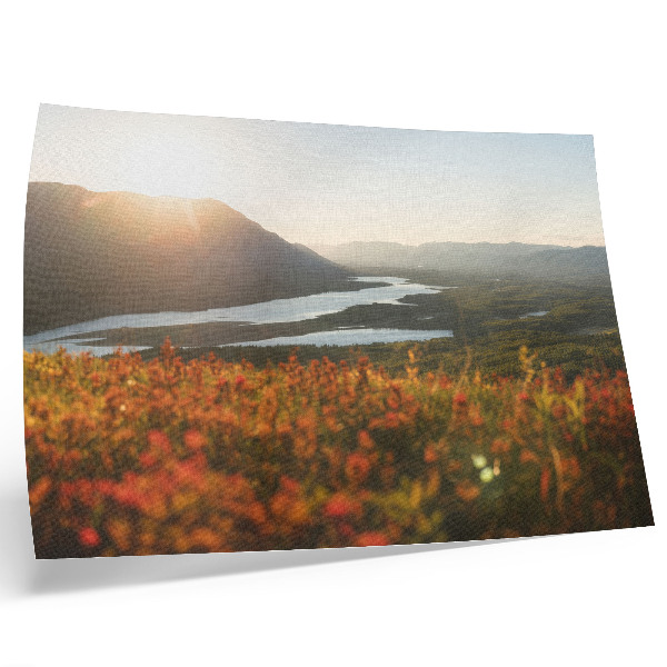 Poster kunstdruck Blumen, Berge, Fluss, Sonnenuntergang, friedliche Atmosphäre