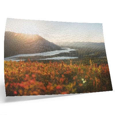 Poster kunstdruck Blumen, Berge, Fluss, Sonnenuntergang, friedliche Atmosphäre