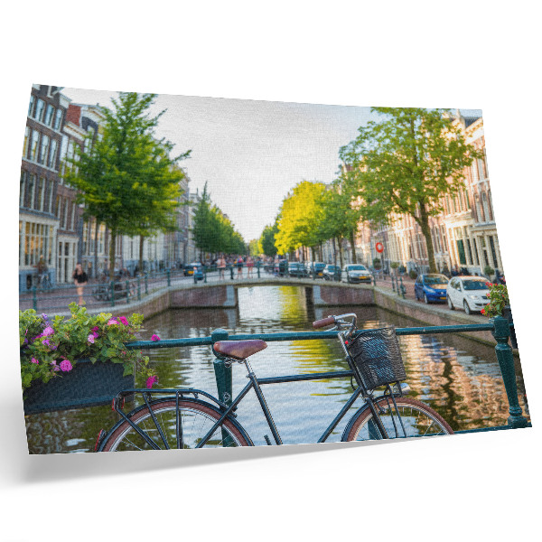 Kunstdruck poster Kanal, Brücke, Bäume, Gebäude, Fahrrad, Blumen