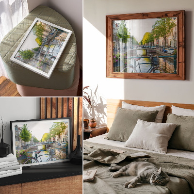 Kunstdruck poster Kanal, Brücke, Bäume, Gebäude, Fahrrad, Blumen