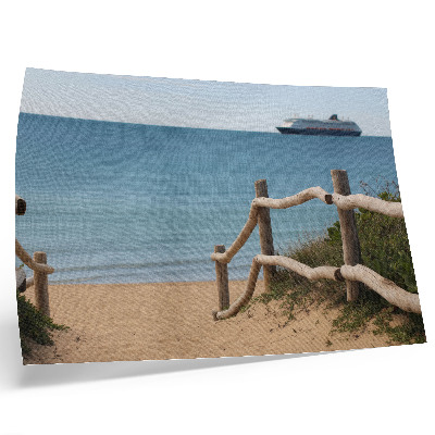 Poster Strand, Schiff, Meer, Holzgeländer, Sand