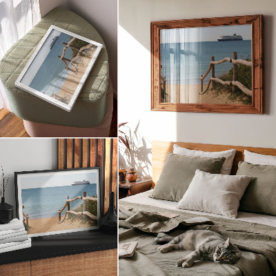 Poster Strand, Schiff, Meer, Holzgeländer, Sand