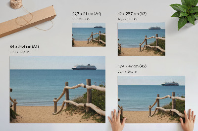 Poster Strand, Schiff, Meer, Holzgeländer, Sand