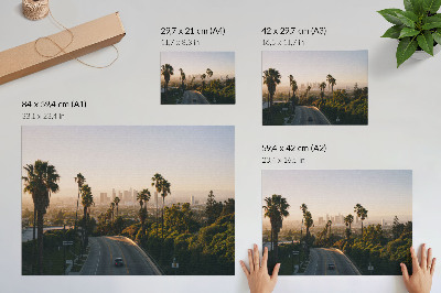 Kunstdruck poster Palmen und die Skyline der Stadt im Sonnenschein