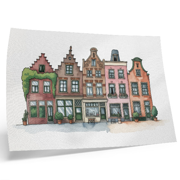 Poster Malerische Mietshäuser in Pastellfarben und einem illustrativen Stil