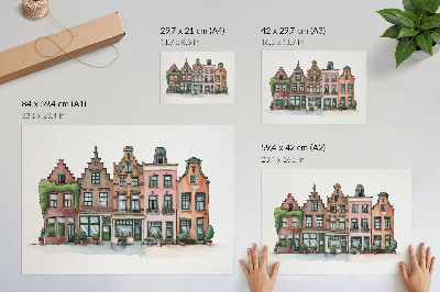 Poster Malerische Mietshäuser in Pastellfarben und einem illustrativen Stil