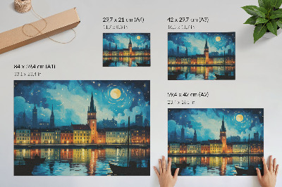 Poster kunstdruck Spiegelungen der nächtlichen Stadt im Wasser, Leuchten der Lampen