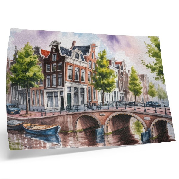 Kunstdruck poster Charmante Mietshäuser am Kanal, grüne Bäume, ruhiges Wasser