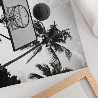 Poster Basketballkorb in Palmen vor schwarz-weißem Hintergrund