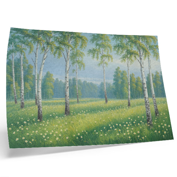 Poster kunstdruck Majestätische Birken, grüne Wiesenblumen