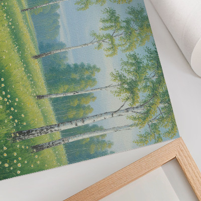 Poster kunstdruck Majestätische Birken, grüne Wiesenblumen