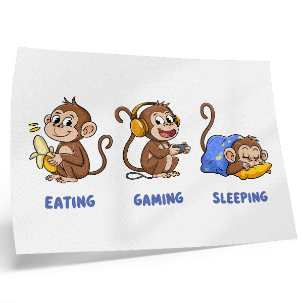 Poster Lustige Illustrationen eines Affen beim Fressen, Spielen und Schlafen