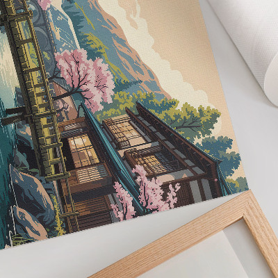 Kunstdruck poster Landschaft mit japanischer Architektur und Kirschbäumen