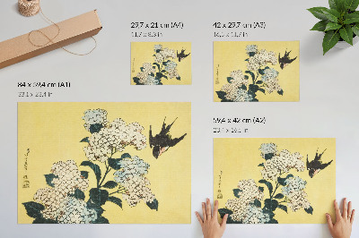 Kunstdruck poster Hortensie und Schwalbe (1833) – ein Farbholzschnitt von Hokusai