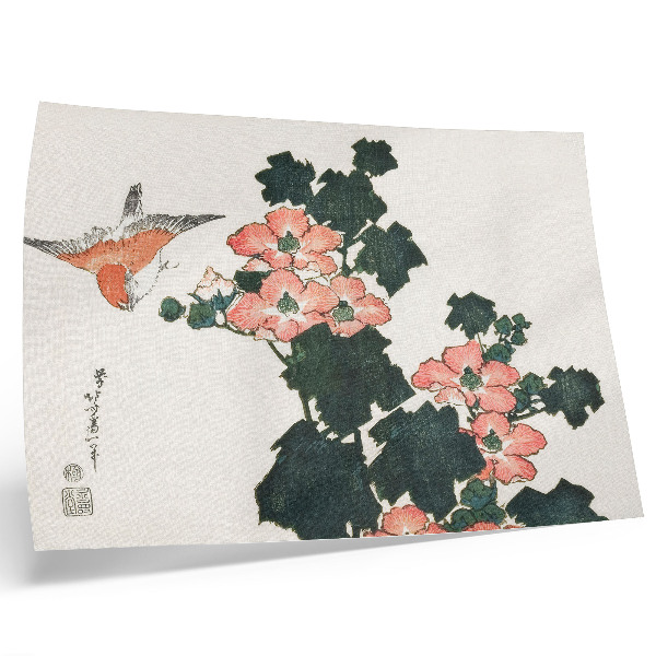 Poster Rote Rosen und ein Vogel von Katsushiki Hokusai (1760–1849), japanischer Holzschnitt aus der Antike