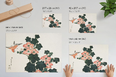 Poster Rote Rosen und ein Vogel von Katsushiki Hokusai (1760–1849), japanischer Holzschnitt aus der Antike