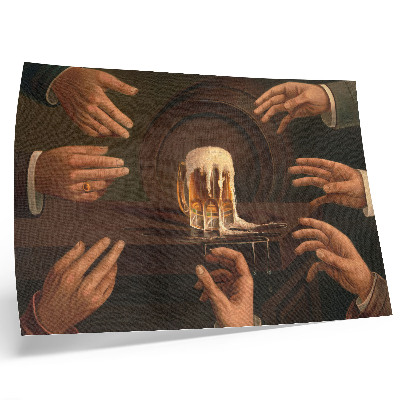 Poster kunstdruck Sieben Männerhände umschließen einen Bierkrug.