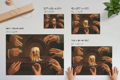 Poster kunstdruck Sieben Männerhände umschließen einen Bierkrug.