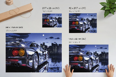 Poster Ein Sportwagen in einer urbanen Landschaft bei Nacht