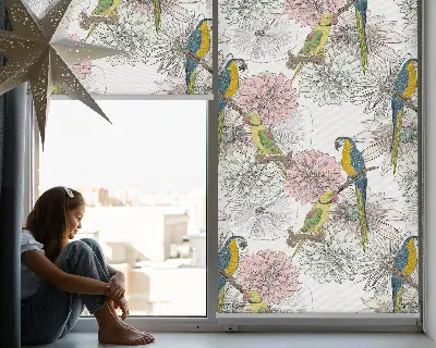 Rollo Fenster mit Motiv von Papageien auf einem Ast