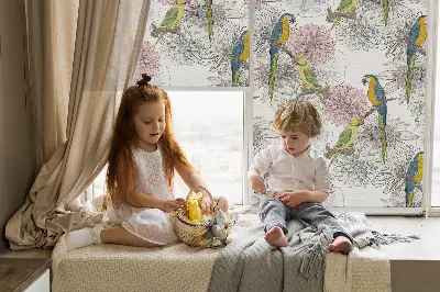 Rollo Fenster mit Motiv von Papageien auf einem Ast