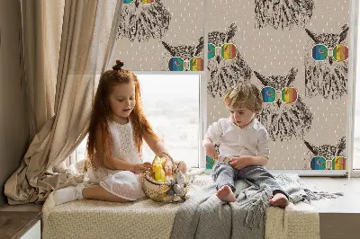 Fensterrollo für den Innenbereich mit Motiv Eulen in bunten Brillen