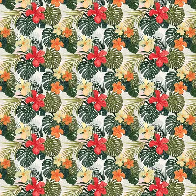 Fensterrollo innen mit Motiv von tropischen Blumen und Blättern