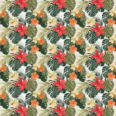 Fensterrollo innen mit Motiv von tropischen Blumen und Blättern