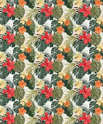 Fensterrollo innen mit Motiv von tropischen Blumen und Blättern