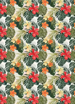 Fensterrollo innen mit Motiv von tropischen Blumen und Blättern