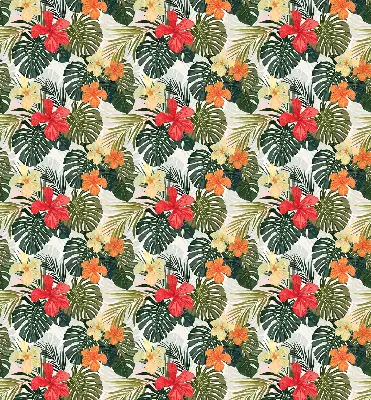 Fensterrollo innen mit Motiv von tropischen Blumen und Blättern