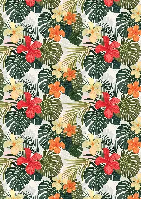 Fensterrollo innen mit Motiv von tropischen Blumen und Blättern