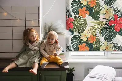 Fensterrollo innen mit Motiv von tropischen Blumen und Blättern