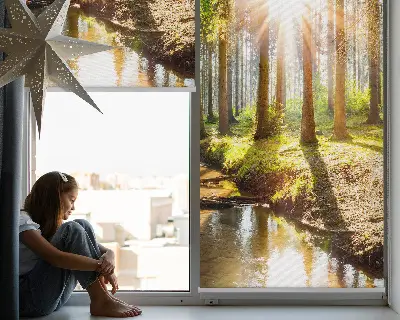 Fensterrollo mit Motiv von durch die Bäume scheinender Sonne