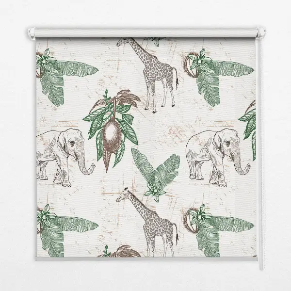 Rollo Fenster mit Motiv von Giraffen Elefanten und Blättern